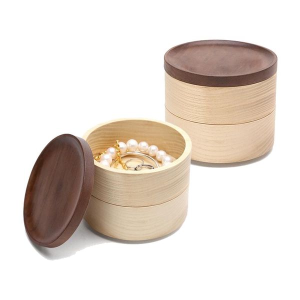 

jewelry pouches, bags 2pcs natural wooden two-layer handmade storage box with lid earrings ring necklace display props, Pink;blue