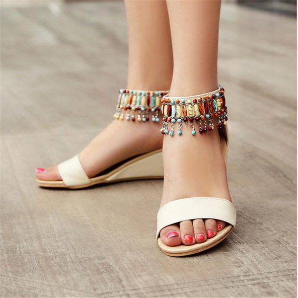 

fringe vintage women sandals wedge shoes fashion leather high heels large size 43, Black