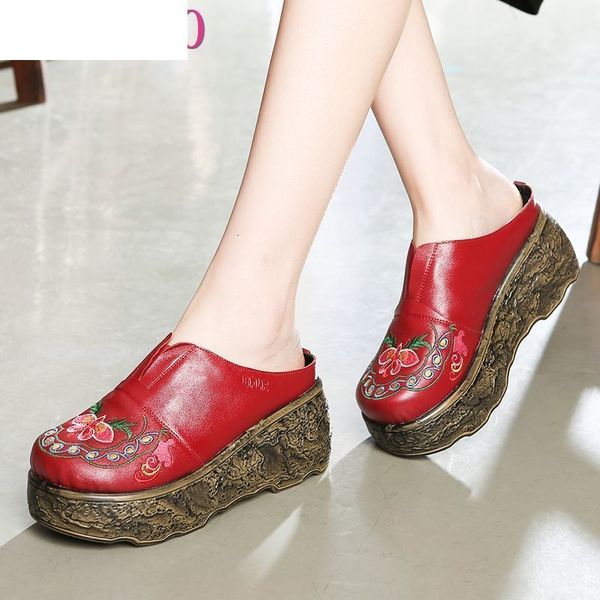 

sandals ethnic style genuine leather women shoes wedges slides handmade embroider summer slipper tc97, Black