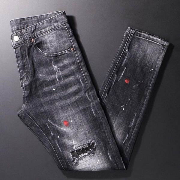 

men's jeans street style fashion men retro black gray elastic slim fit ripped hole designer hip hop splashed denim pants, Blue