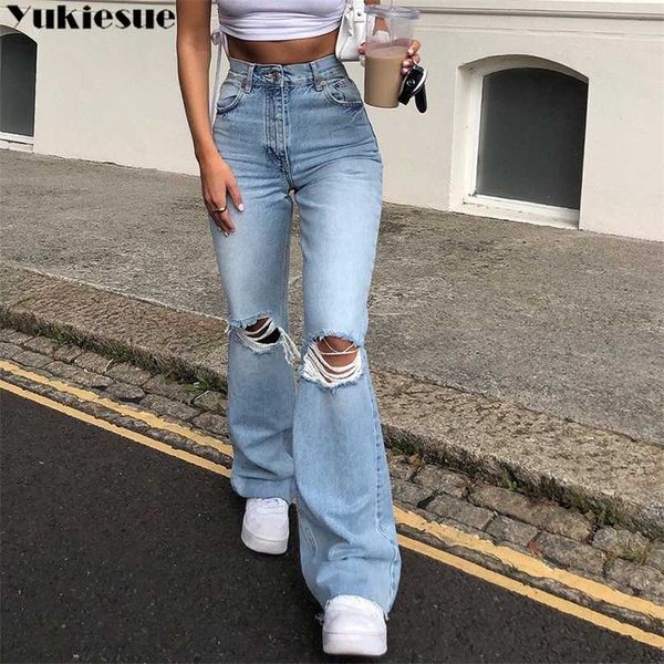 

flare pants female women's jeans large size boyfriend women high waist mom ripped stright trousers 211112, Blue