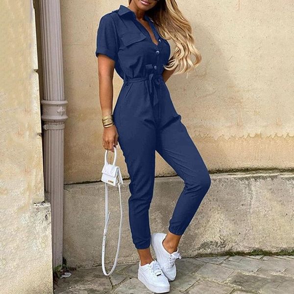 

women's jumpsuits & rompers elegant solid cotton jumpsuit women 2021 summer deep v neck button shirt overalls short sleeve office lady, Black;white