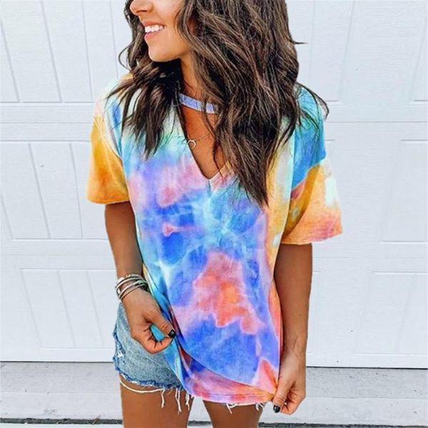 

women's t-shirt v neck tie dye print short sleeve yellow size s, White