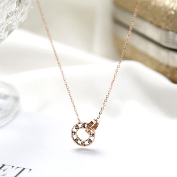 

pendant necklaces double circle love necklace titanium steel jewelry short paragraph personality fashion simple retro style for women, Silver