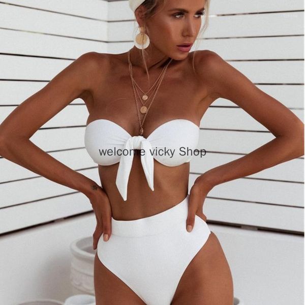 

solid knot bikini women's split swimsuit hip tight swimwear, White;black