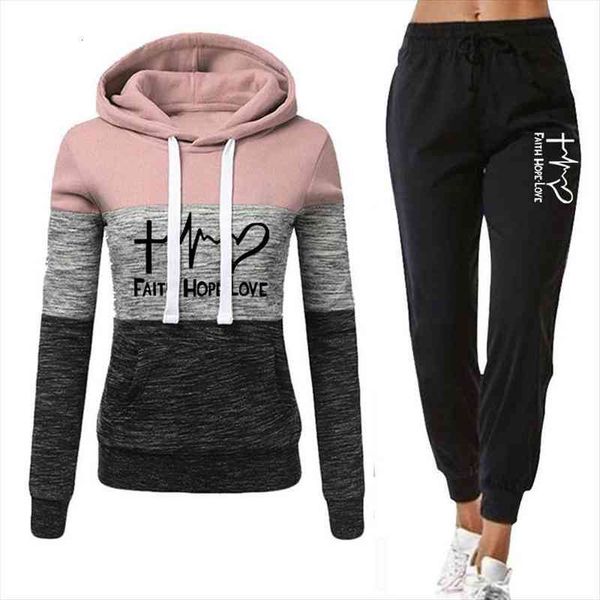 

winter tracksuit 2 piece womens pants set print hoodies sportwear sports suit hooded sweatshirt female clothes, White
