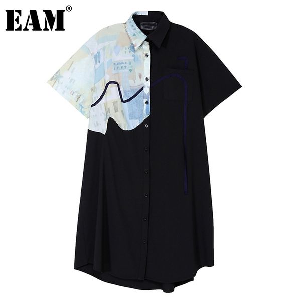 

[eam] women black big size print asymmetrical dress round neck short sleeve loose fit fashion spring summer 1dd6998 21512, Black;gray