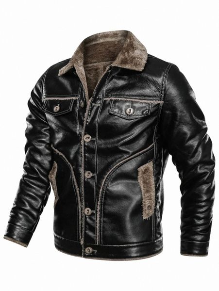 

men slant pockets teddy lined pu leather jacket 32n8#, Black;brown