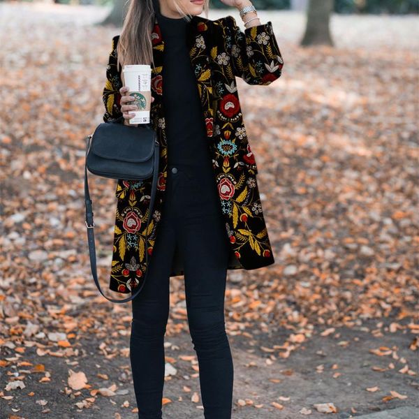

women's wool & blends coat female 2021 autumn winter flower print pattern coats long sleeve vintage casual women slim jacket outwear, Black
