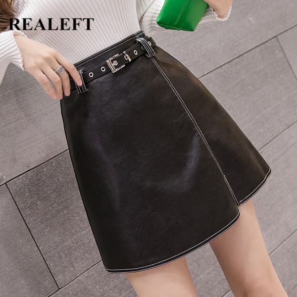 

autumn winter black pu leather mini skirts with belt high waist sheath wrap skater a-line female 210428