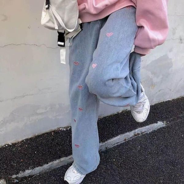 

women's jeans cargo pants women baggy japanese korean high-waisted straight loose love embroidery old daddy wide-leg long trend, Blue