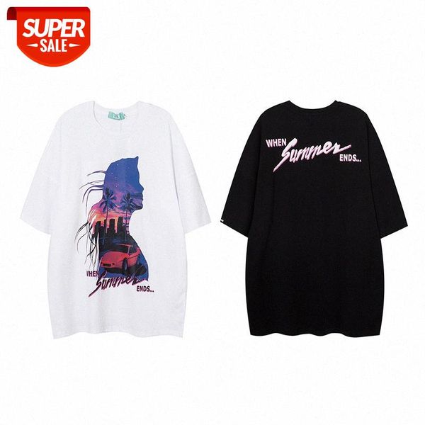 

sakahara club couples sunset xishan car print super fire niche short-sleeved t-shirt #fx4d, White;black