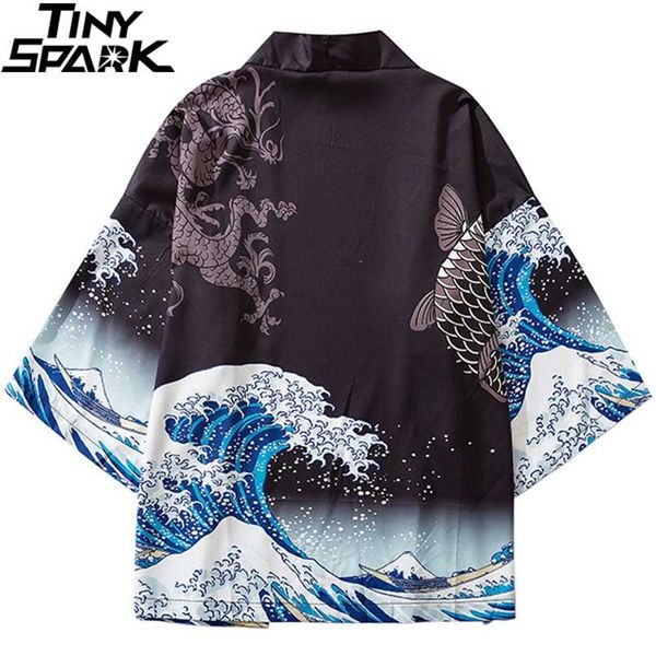 Harajuku Kimono Jacke Japanische Kanagawa Great Wave Hip Hop Herren Streetwear Drachen Koi Fisch Dünnes Kleid Japan Stil 211217