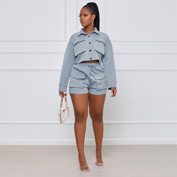 

women's tracksuits hhdmv 2021 autumn nature young high-end classic gray office lady casual solid full sleeve short pants slim women 2 p