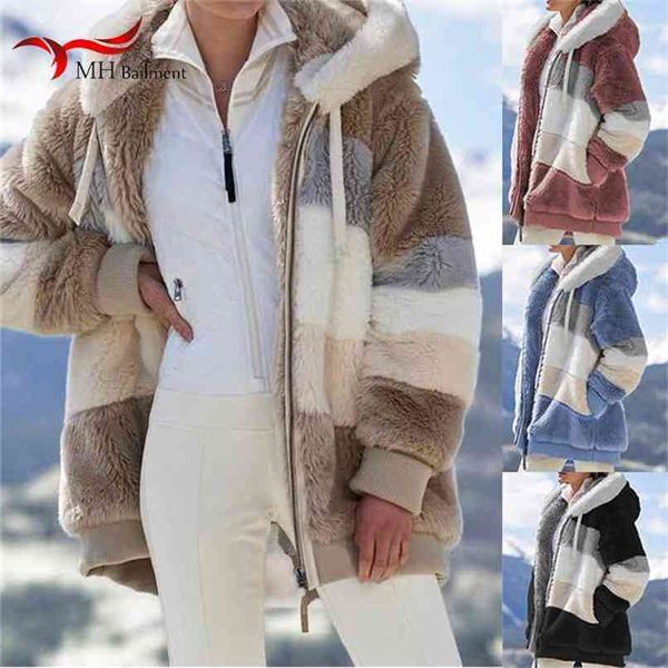 

s-5xl ladies jacket winter casual warm plush loose hooded retro soft zipper faux fur coat pocket long sleeve women 210922, Black;brown
