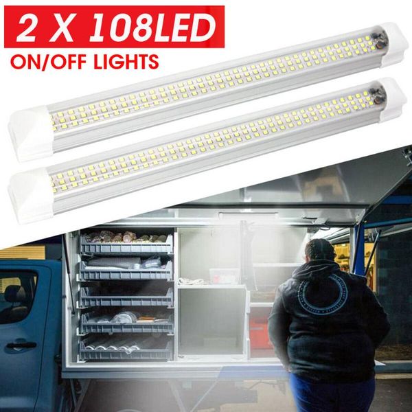 

car headlights 2pcs 108led strip lights bar 12v white interior lamp for camping caravan boat rv outdoor led tube light