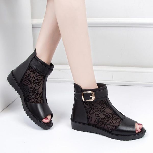 

summer gladiator sandals women peep toe flat sandal boots black lace open bare woman shoes sandalias mujer 8035l