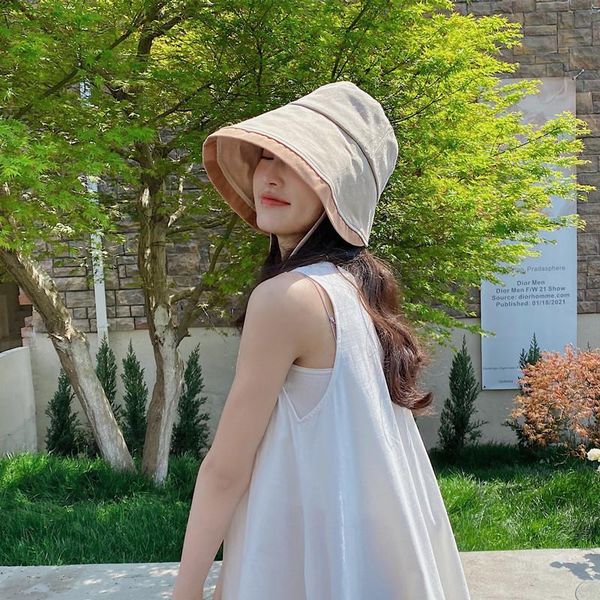 

wide brim hats fisherman hat female leisure big summer outdoor sun visor classic strap solid color women, Blue;gray