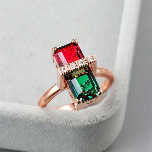 

wedding rings charm female crystal red green stone ring vintage rose gold color rainbow for women promise love engagement, Slivery;golden