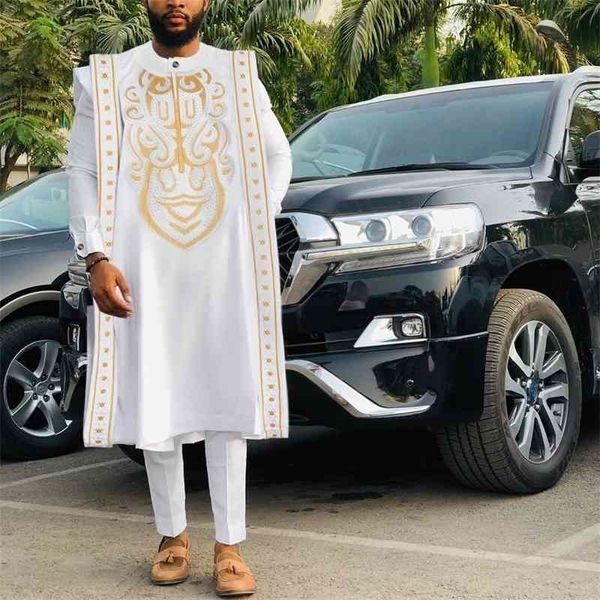 

h&d gold embroidery white agbada men african traditional clothes nigeria outfit cover shirt pants 3 pcs suit muslim sets ph9039 210408, Red