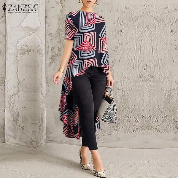 

women's blouses & shirts zanzea women casual printed short sleeve blouse summer o neck geometric shirt vintag irregular hem chemise par, White