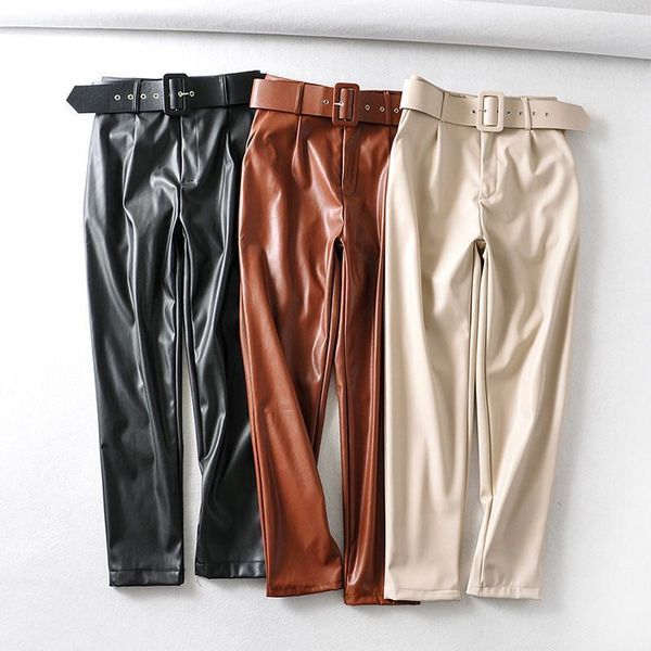 

autumn winter elegant leather women pant trousers fleece warm with belt high waist pu pants female fashion zipper fly ladies, Black;white