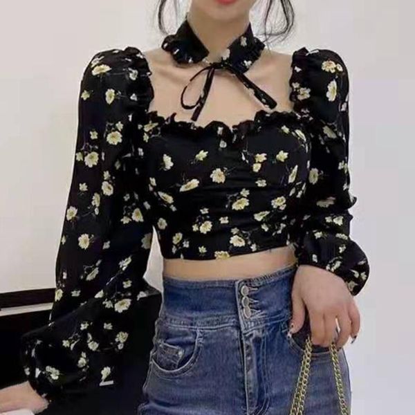 

women's blouses & shirts 2021 women gothic floral print elegant chiffon blouse long sleeve pink lady crop clothing for ladies, White