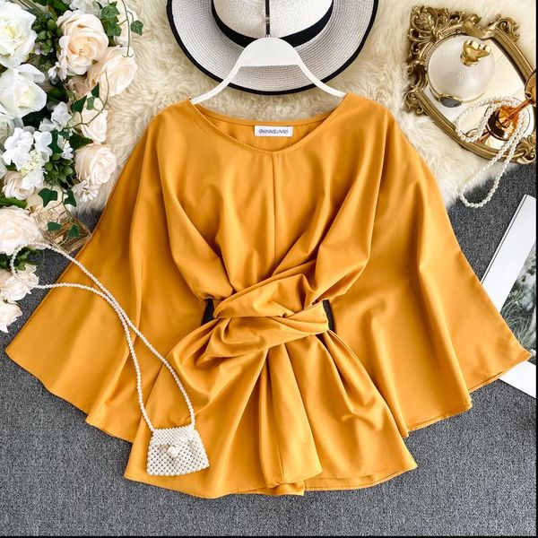 

womens shirt spring autumn tide ins super fire lacing waist lady temperament flare sleeve solid o neck wild ml649, White
