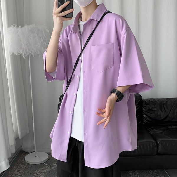 

men's casual shirts summer simple design korea fashion oversize loose mens harajukuturn-down collar short sleeve chest pocket 5xl, White;black
