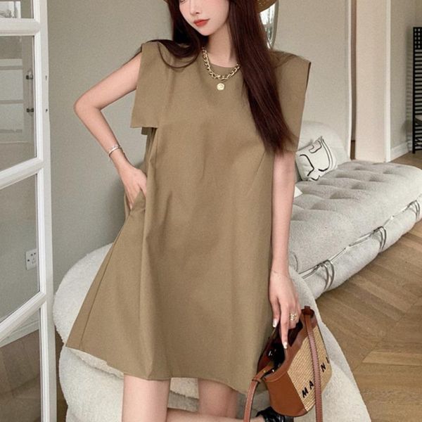 

casual dresses [ewq] korea chic summer trend women solid color o neck loose fashion black sleeveless knee-length dress 2021 16e1872, Black;gray