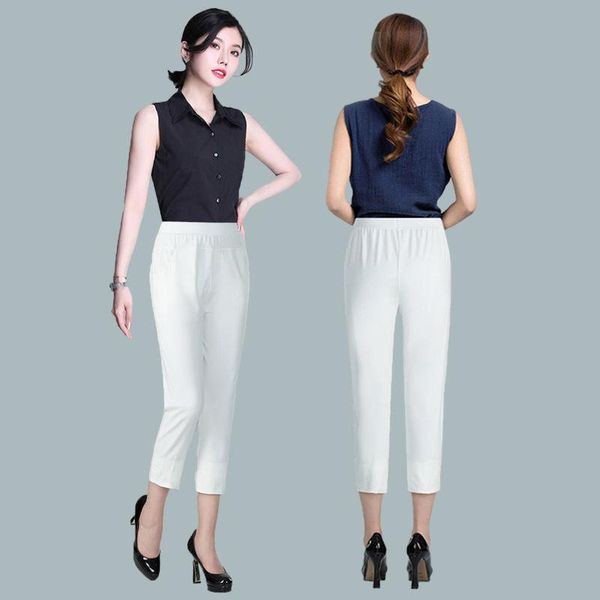 

women spring summer eleagnt plus size pant ladies loose high waist elastic 3/4 female casual solid harem trousers i550 women's pants &, Black;white