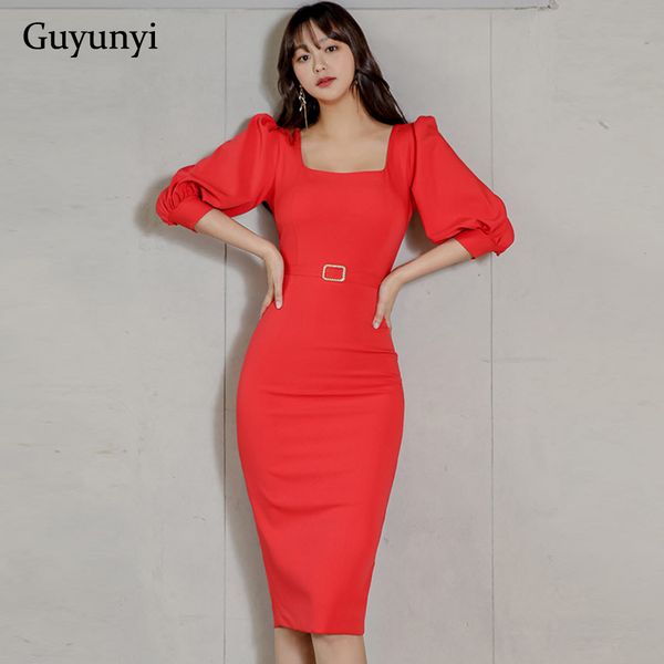 

red elegant party dress 2021 spring simple square collar half puff sleeve high waist tight temperament office dress women, Black;gray