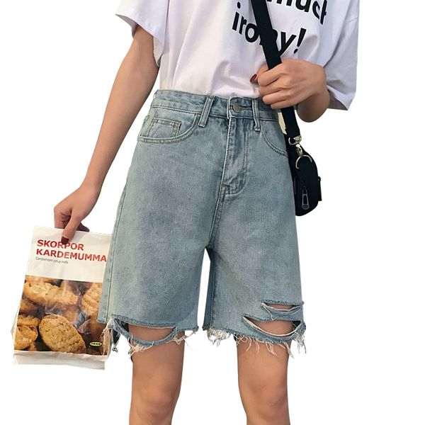 

vintage bermuda shorts plus sizze jean short women retro all-match ripped denim short female chic trouser ladies new cloth 210416, White;black