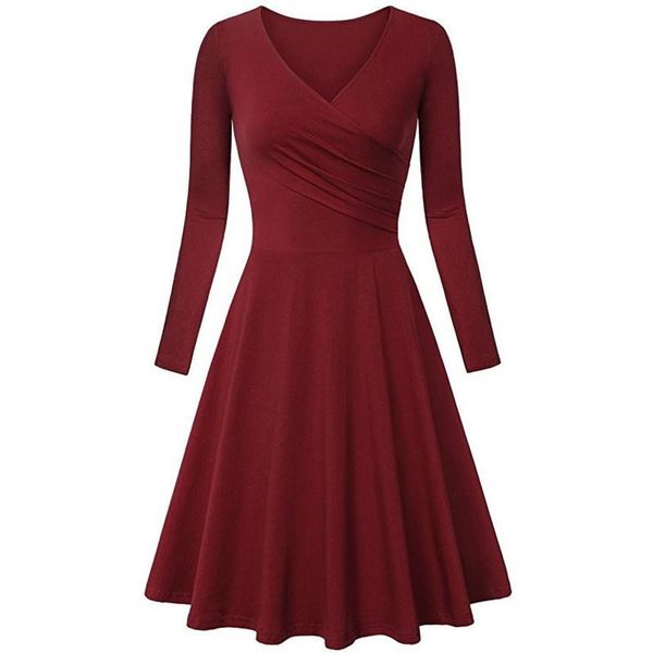 

casual dresses 40# solid pleated dress women swing v neck party long sleeve vintage elegant silm hight waist warm flowy, Black;gray