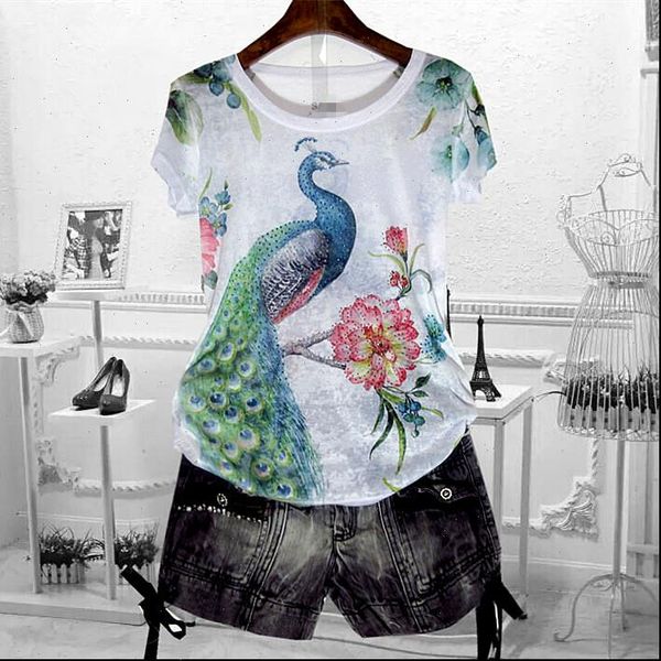 

women t shirts peacock print shirt plus size 4xl summer short sleeve graphic tees modis slim o neck tee, White