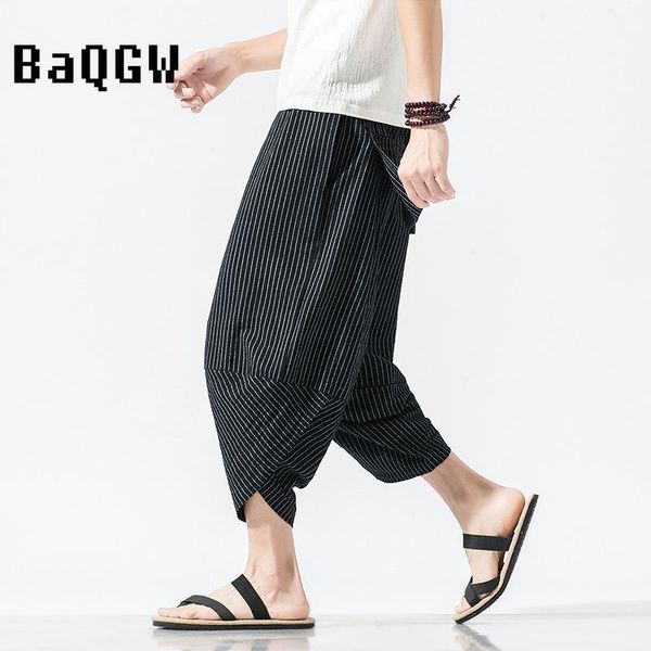 

men's pants fashion harem summer capris loose style high waist large size 5xl striped print trousers hip hop wide leg, Black