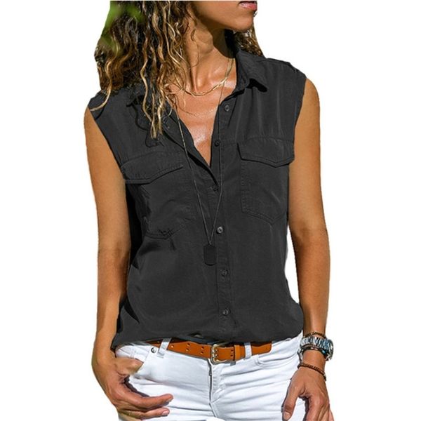 Sommer Casual Bluse Frauen Top Und Bluse Frauen Hemd Ärmellose Taste Tasche Schwarz Solide Drehen-unten Kragen Hemd 210401