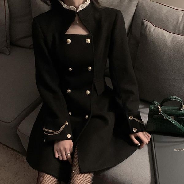 

women's wool & blends [ewq] 2021 spring over knee patchwork lace stand collar long-sleeved double breasted black empire chain design wo