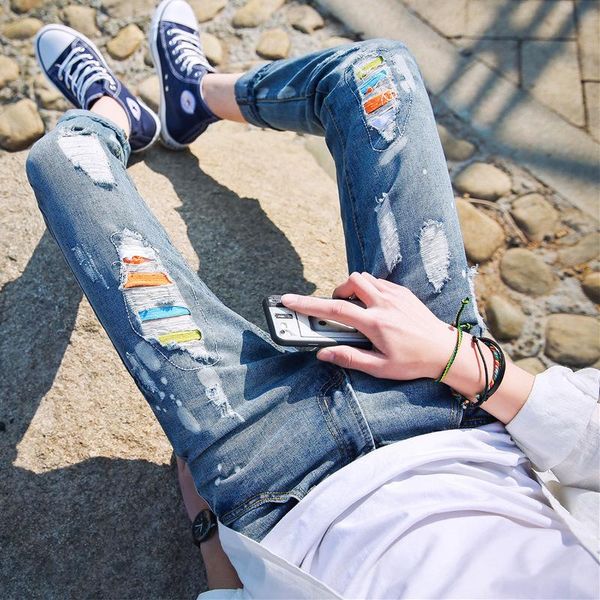 

men's jeans 2021 fashion ankle length denim pants ripped feet male students korean slim harem teen, Blue