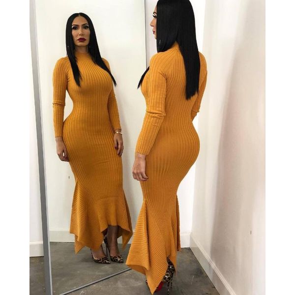 

casual dresses fashion fishtail women slim bodycon dress fall clothes maxi long yellow sleeve solid knitted robe longue, Black;gray