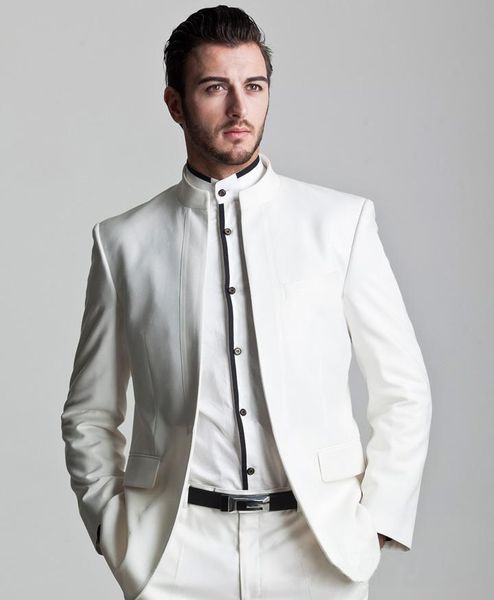 

style ivory groom tuxedos mandarin lapel groomsmen men wedding wear suit ( jacket+pants+tie) men's suits & blazers, White;black