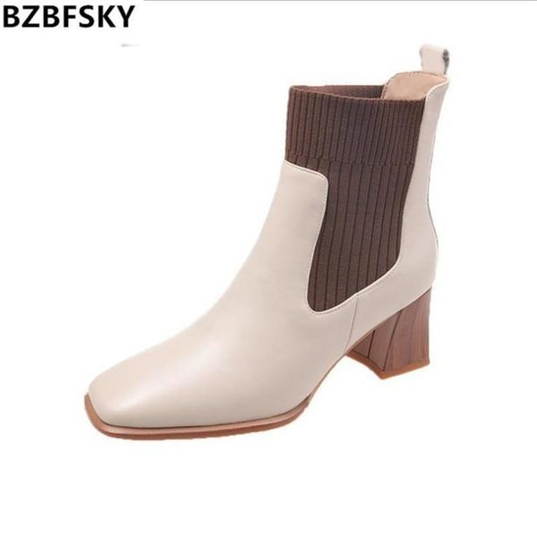 

boots bzbfsky frauen stiefeletten high heels schwarz stricken booties 2021 winter frau kleid schuhe karree stretch botas retro mujer, Black
