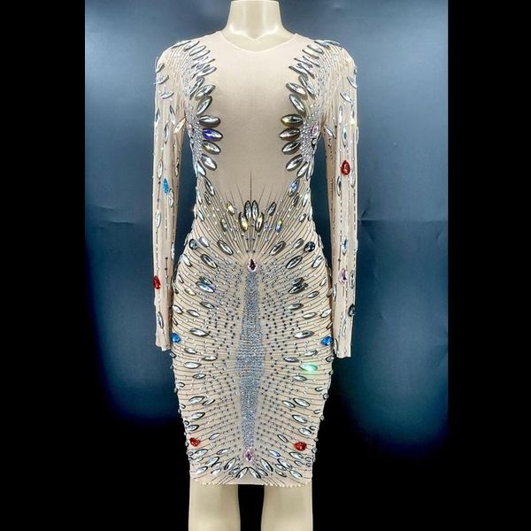 

stage wear flashing big rhinestone transparent dress birthday celebrate prom outfit evening club show women dancer youdu, Black;red