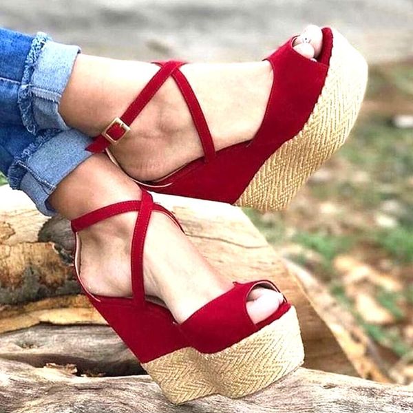 

dijigirls platform wedge cross-tied open toe women sandals 2021 summer gladiator super high cover heel buckle ladies red, Black