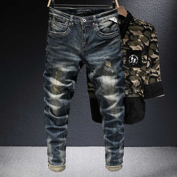 

italian style fashion men jeans retro black blue embroidery elastic cotton ripped denim trousers slim fit vintage designer pants