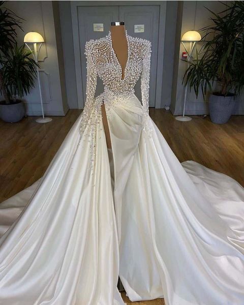 

2022 luxury long sleeves mermaid wedding dresses deep v neck illusion pearls crystal high side split arabic satin bridal gowns robe de mariÃ©, White