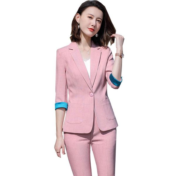 

women's two piece pants pink apricot women office ladies half sleeve pant suit for summer fashion formal blazer and trouser female s-5x, White