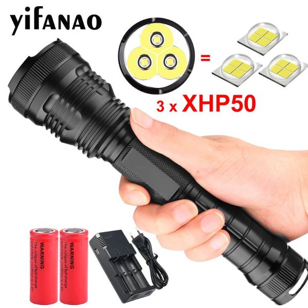 

ultra powerful 3*xhp50 xlamp led bright torch rechargeable camping lanternas waterproof by 18650 26650 flashlights torches
