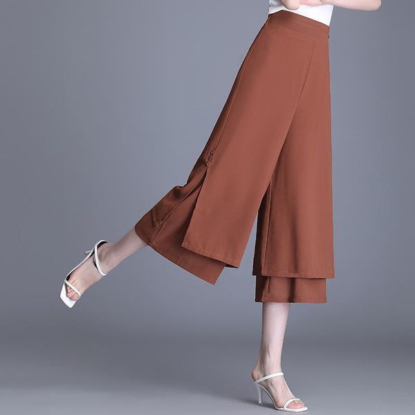 

women's pants & capris women high waist vintage elegant chiffon wide leg female solid color plus size loose casual straight 6010, Black;white