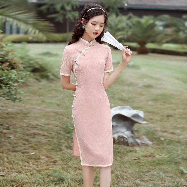 

ethnic clothing vintage embroidery women chinese traditional cotton cheongsam mandarin collar casual dresses slim with lace qipao vesti, Red